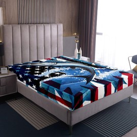 Marlin Swordfish Bed Sheets Boys American Flag Fitted Sheet, Hunting Fishing Bedding Set for Kids Teens Adult Bedroom Marine Life Ocean Animal Fitted Bed Sheets with 2 Pillow Cases, Full(No Top Sheet)