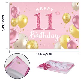 PAKBOOM Happy 11th Birthday Backdrop Banner - 11 Birthday Party Decorations Supplies for Girls - Pink 3.9 x 5.9ft
