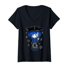 Womens Spookscene Edgy Kitty Hat Scene Kid Emo Alt Goth Blue V-Neck T-Shirt
