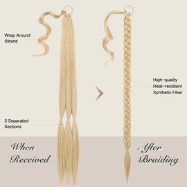 FESHFEN Long Braided Ponytail Extension with Hair Tie, 26 inch Blonde Mixed Ash Blonde Straight Wrap Around Hair Piece Ponytails for Women Syntheti Pony Hairpieces for Daily Wear