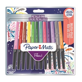 Paper Mate Flair Metallic Glitter Felt Tip Pens | Medium Point 1.0mm | Pack of 12 | Assorted Glittery Shiny Colours
