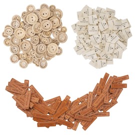 100 pieces handmade wooden buttons + 100 pieces leather label signs + 100 pieces fabric labels patches, handmade with love tags for sewing textile labels sewing DIY decor sewing work