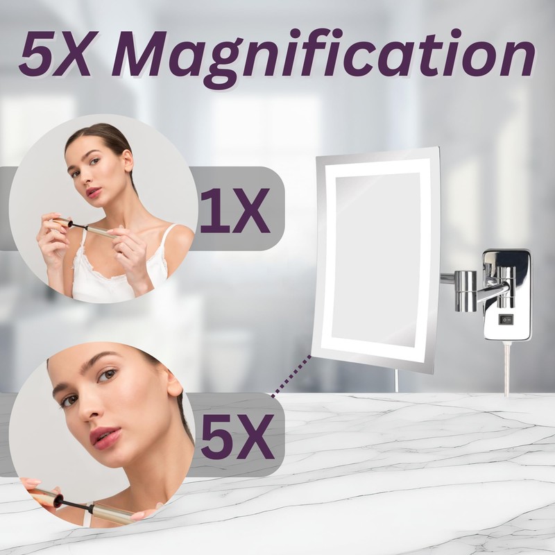 JERDON Rectangular Wall Mount Makeup Mirror - Lighted Makeup Mirror