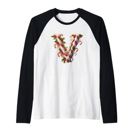 Candy Cane Letter V Christmas Fun Raglan Baseball Tee