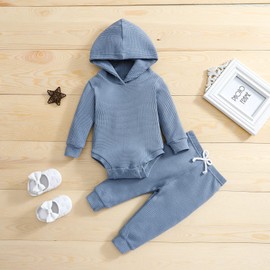 Thorn Tree Newborn Unisex Baby Clothes Set Hooded Long Sleeve Bodysuit Stretchy Pants Girl Boy Cotton Ribbed Outfits Fall Winter (Blue Hooded Suit,0-3 Months)