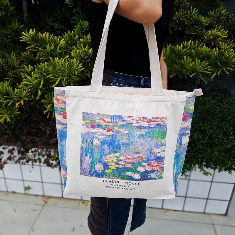 BROADREAM Canvas Tote Bag Aesthetic - Zippered Book Tote Bag