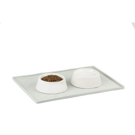 Messy Mutts Silicone Non-Slip Dog Bowl Mat with Raised Edge and Two Sides Reinforced with Metal Rods, Large, 24" x 16", Light Grey