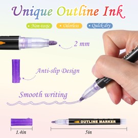 Mzh Art Double Line Metallic Markers 24 Colours Outline Pens Glitter Pens for Designing Your Own Photo Album, Guest Book, Scrapbook