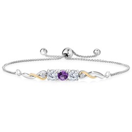 925 Sterling Silver and 10K Yellow Gold Purple Amethyst White Moissanite and White Lab Grown Diamond Tennis Bracelet For Women (1.50 Cttw, Gemstone February Birthstone, Fully Adjustable Up to 9 Inch)