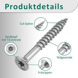 DSM - A2 Stainless Steel Wood Screws - 8 x 120mm - TX40 Countersunk Screws - Under-Head Reinforced with Milling Ribs and Cut Tip - Cutting Notch - ETA Approved Chipboard Screws - Pack of 10
