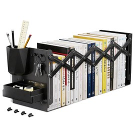Book Stand Bookend Adjustable Expandable Desktop Storage Non-tipping Multi-functional Foldable Metal Divider Stand Bookshelf Desktop Pen Stand Hook with Storage Box Office Supplies Stationery Study
