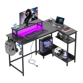 DEVAISE Gaming Desk with Power Outlets & LED Lights, L Shaped Computer Desk with Monitor Stand & Hook, 47 Inch Corner Desk with Storage Shelf, Home Office Desk for Bedroom, Black