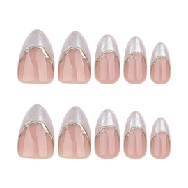 RUOKEXIN Short Almond Press on Nails French Tip Fake Nails Gold Glitter False Nails with Designs Sparkly Artificial Nails Almond Glue on Nails Cute Stick on Nails for Women 24Pcs