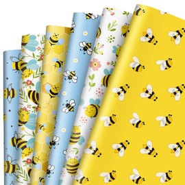 Grehge Bee Wrapping Paper 6 Style Yellow Blue Floral Bee Wrapping Paper Folded Flat Spring Summer Art Paper 19.7 x 27.6 In for Birthday Bridal Baby Shower Wedding DIY Crafts Gift Packing