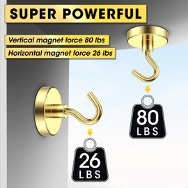 VNDUEEY Magnetic Hooks, 80 Lbs Heavy Duty Earth Magnets with Hook for Refrigerator, Extra Strong Cruise Magnet Hooks for Hanging, Rare Magnets with Hooks for Grill, Coat, Curtain (Gold, Pack of 10)