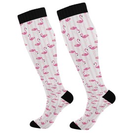 Pink and White Stripes Compression Socks for Men and Women Knee High Socks Support for Sport Running Hiking Fitness Pink Flamingos Animal