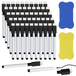 TEXIJUSO Pack of 50 Whiteboard Markers with 2 x Sponge, Wipeable Magnetic Pens, Black, Felt Pen, Erasable White Board, Dry Erase Blackboard Pens for Teacher Supplies, Classroom, Fridge