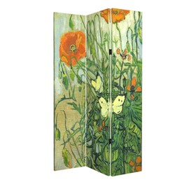 HOZUSO Room Divider Wood Privacy Screens Van Gogh's Butterflies and Poppies Painting Canvas 3-Panel Foldable Portable Separating Divider Room Partitions Freestanding Home Decor 71'' High