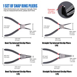 Glarks 4 Piece 7-Inch Internal/External Snap Ring Pliers Set