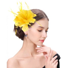 ELLYDOOR Fascinator Hats for Women Feather Flower Hair Clip Brooch Wedding Tea Party Hat Derby Race Headwear Yellow