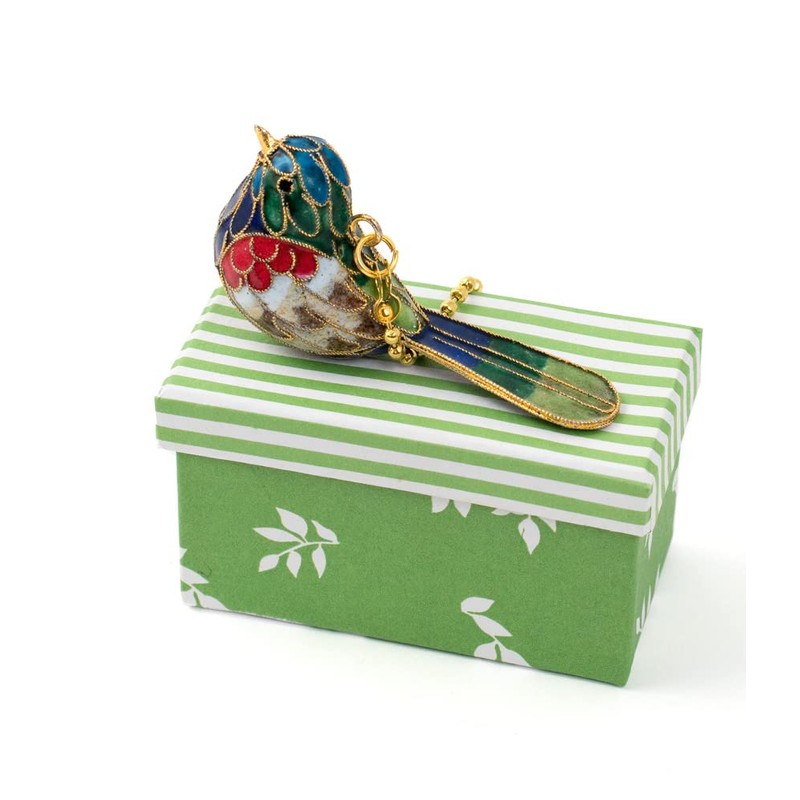 Value Arts Handmade Cloisonne Baby Blue Singing Bird Fan Pull