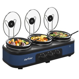 SUNVIVIPRO Triple Slow Cooker, Large Buffet Food Warmer with 3 x 2.5 QT Removable Ceramic Pots, Buffet Servers and Warmers with Glass Lids and 3 Spoons, Stainless Steel, Blue