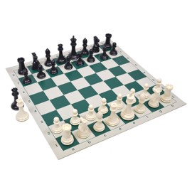 Wholesale Chess Quadruple Weighted Chess Pieces and Vinyl Board - Ivory /Black Pieces - Green Board
