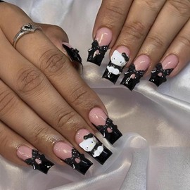 24 PCS Press on Nails French Fake Nails Kitty Cat Fake Nails Bow Fake Nails Medium Fake Nails Gifts for Women and Girls (No.104)