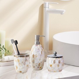 Escenzy Natural Shell Bathroom Accessories Sets 3 Pcs | Luxurious Glass Soap Dispenser, Toothbrush Holder, Cotton Glass Jar | Modern Decor Bling Mosaic Glass Decorative Bathroom Accessories