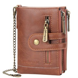 SUMGOGO Wallets for Men Bifold Leather Wallets with Chain RFID Blocking Double Zipper Coin Pocket Short Purse (Brown)