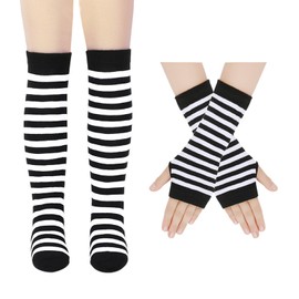 CQQNIU 1 Pair Of Striped Knee Socks And 1 Pair Of Striped Gloves, Girls' Stockings, Elastic Thermal Socks, Fingerless Gloves, Long Knitted Gloves
