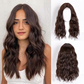 Lizzy Kurze gewellte Perücke 18 Zoll Mittelteil Lockige gewellte Bob Perücken für Frauen Natürlich aussehende synthetische hitzebeständige Faserperücke für den täglichen Partygebrauch (Dunkelbraun)