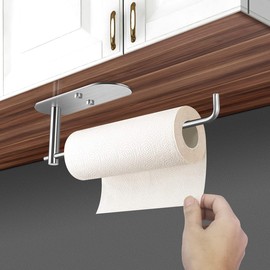 Paper Towel Holder Under Kitchen Cabinet - Self Adhesive or Drilling Paper Towel Holder Stick on Wall for Kitchen, Bathroom, Cabinets, SUS304 Stainless Steel - Silver