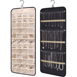 VASA NAMA Organizador de Joyas Colgante de Doble Cara, 48 Bolsas de Almacenamiento, Rollo Organizador de Joyas con Colgador Giratorio, Enrollador de Joyas de Viaje para Collares, Aretes, Anillos