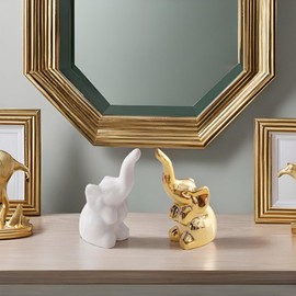 NYSCURE Elephant Ceramic Statue Figurine - Mini Decor Accent for Shelves, Coffee Tables, and Living Room Sculpture Gold and White 1 Pair