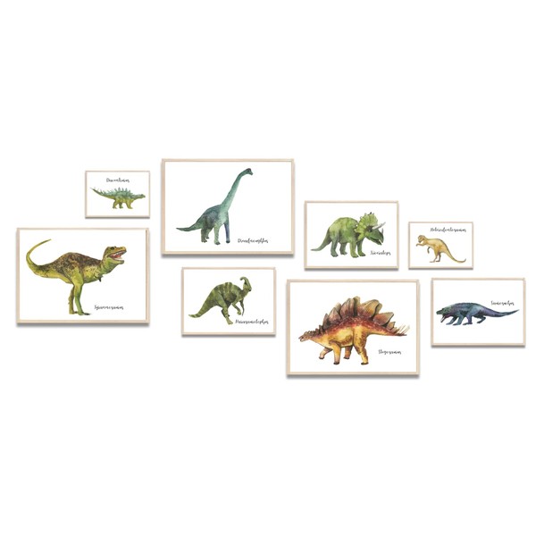 MeinBaby123® Dino Poster pour chambre d'enfant,Poster dinosaure DIN A4, A5, A6 I images pour chambre d'enfant garçon,Décoration de chambre de bébé,Poster mural de qualité supérieure (lot de 8)