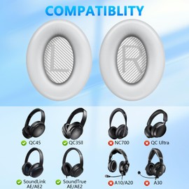 Premium Replacement Ear Pads Cushions for Bose Quiet Comfort 35 II/45 (QC35/QC45/QC35 II) Headphones with 'L and R' Lettering QC 35/25/15 QC2/Ae2/Ae2i/Ae2W Sound Link/Sound True EarPads(White)