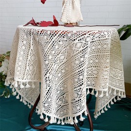 FMIYJUN Square Crochet Doilies Beige Tablecloth Cotton Vintage Lace Table Cloth Kitchen Bohemian Tablecloths for Party Banquet Dining Room Wedding Decorations
