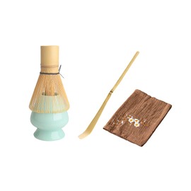 Tea Ceremony Set - Matcha Whisk (Chasen) Hundred-Prong Style, Whisk Holder, Whisk Reshaper, Tea Scoop (Chashaku), Tea Cloth (Chakin) - Complete Tea Ceremony Tool Set, Matcha Whisk Set, 4-Piece Matcha