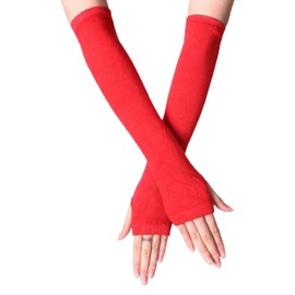 B-HOT Warmer Fingerless Gloves Stretchy Knit Thumb Hole Sun Protection Long Arm Solid Color Glove Red