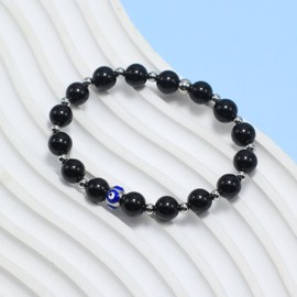 LAMIBEE White Gold Plated and Stainless Steel Black Healing Bead Evil Eye Stretch Bracelet, Lucky Protection Natural Stone Amulet, Adjustable Talisman for Men and Women (Blue Evil Eye)