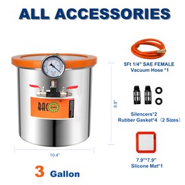 BACOENG 3 Gallon Tempered Glass Lid Vacuum Chamber, Stainless Steel Degassing Chamber Kit for Stabilizing Wood, Degassing Silicones, Epoxies and Essential Oils