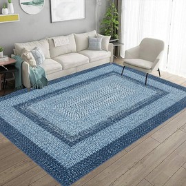 RUGSREAL Washable Rug 5x7 Boho Accent Rug Modern Geometric Floor Carpet Indoor Throw Floor Cover Braided Print Rug Low Pile Non Slip Farmhouse Rug Rustic Bohemian Carpet for Living Room Bedroom, Blue