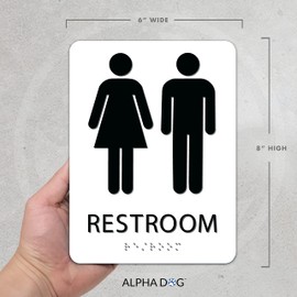 ALPHA DOG ADA SIGNS - Unisex Bathroom Sign with Braille for Your Business, 8x6 Inch, ADA Compliant, Indoor or Outdoor, Easy Installation, Made in the USA, White