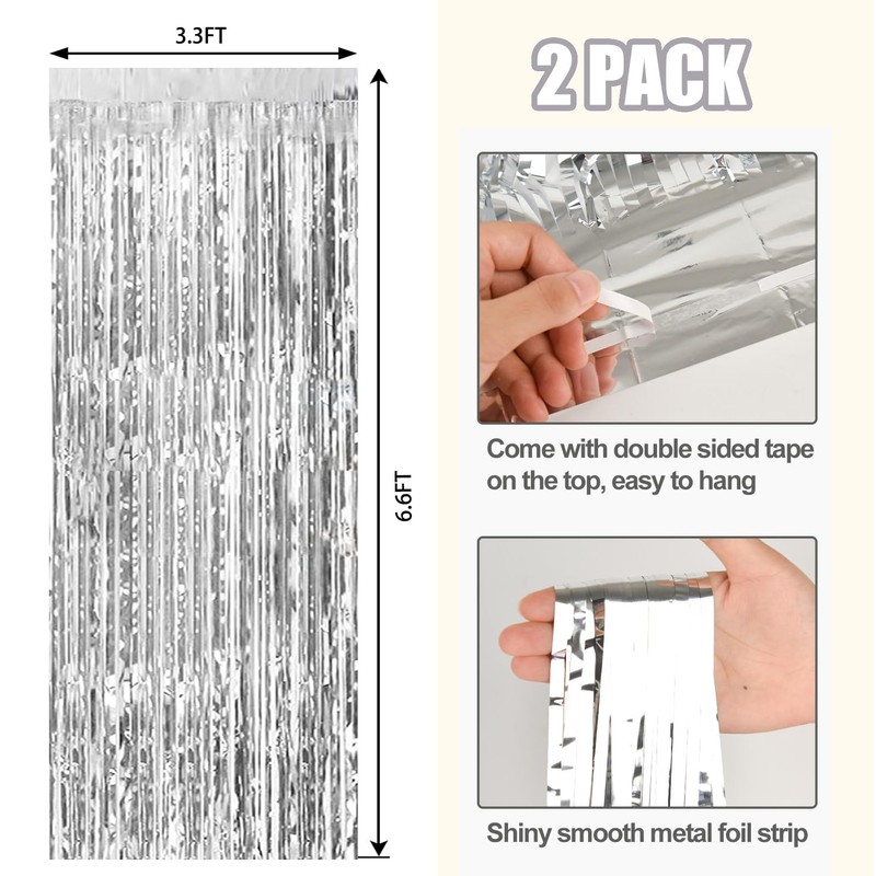2 Pack Silver Metallic Tinsel Foil Fringe Curtains Party Photo