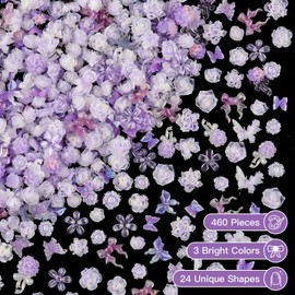 460 Pieces Dreamy Rose Camellia Flower Nail Charms 3D Cute Butterfly Bow Charms for Nails, Pink Black Stamen Nail Supplies for Women Nail Art Design DIY Crafts Jewel Accessories (Purple)