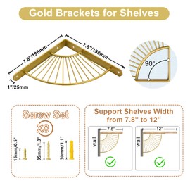 Z METNAL Decorative Shelf Brackets, Brass Metal Shelves Bracket, Wall Decor, Modern Shelving Bracket for DIY Floating Shelves,Gold,8 inch,4 Pcs