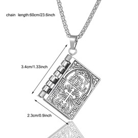 Kawailay Bible Book Necklace Sacred Pendant Necklace Vintage Rock Punk Hip Hop Chain Rapper Biker Cool Religious Necklace for Men - Silver