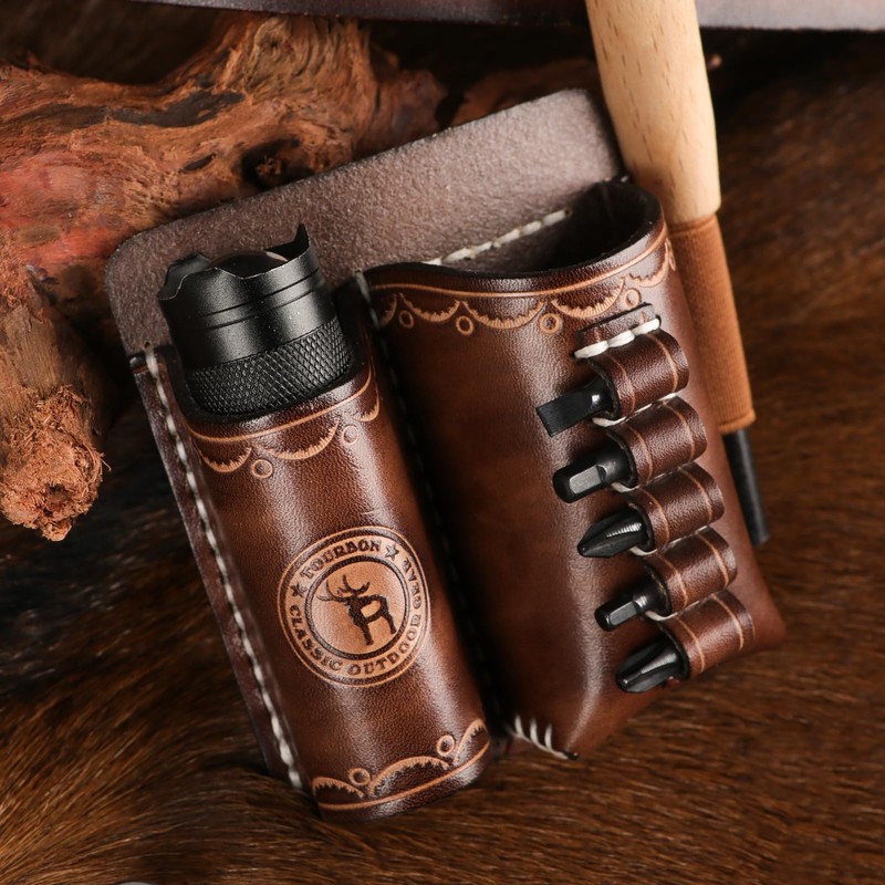 Leather Multitool & Flashlight Holder EDC Organizer Belt-Mount for Camping