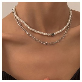 Inilbran Boho Pearl Choker Necklaces Layered Pearl Bead Necklace Chain Silver Pearl Paperclip Necklaces Punk Chunky Link Chain Necklace Jewelry for Women and Girls